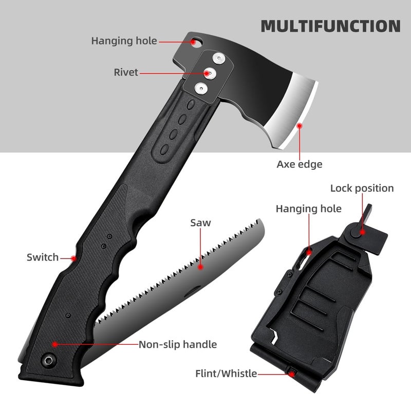 SNBNX Multifunctional Hammer Head Axe Survival Tactical Tool - Folding Saw, Flintstone Whistle with Axe Sheath - Camping Hatchet for Outdoor Hiking - Image 3